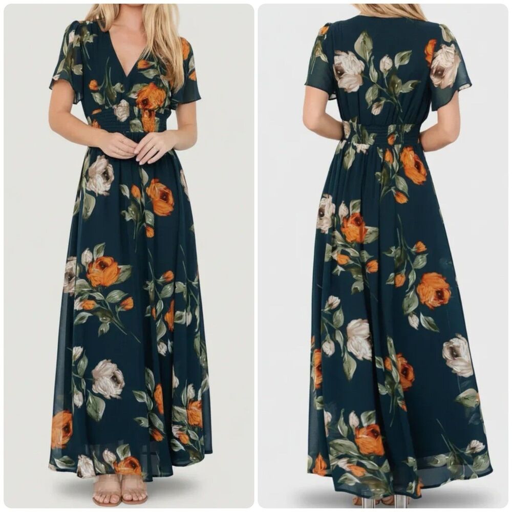 NWT Baltic Born 'Birdie' Deep Topaz Floral Green Maxi Dress Womens sz L  V-Neck
